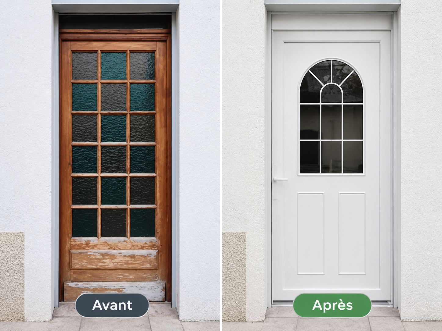 Porte fatiguée avant intervention et porte sécurisée après intervention